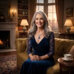 An elegant older woman with long grey hair and a blue dress sits on a tan leather sofa in a living room.