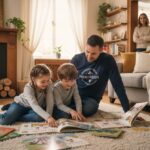 A father sits on a living room rug reading storybooks with his young daughter and son while a woman looks on from a doorway in the background.